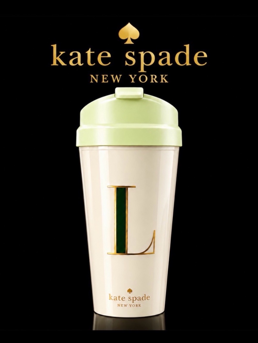 Kate Spade New York L Monogram 18 oz Plastic Travel Tumbler Ivory Green Flip Lid